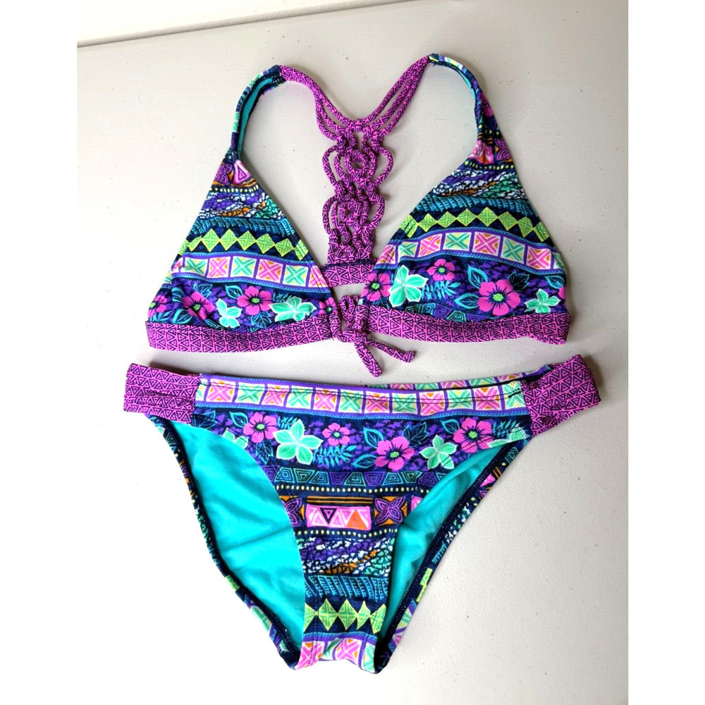 VTG Jolie's 1990s Bikini Set Y2K Purple Geometric Crochet Knit Racerback Floral